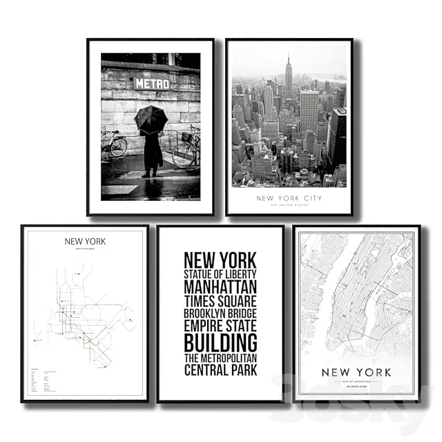 Black and white posters about the city of New York. 3D Model