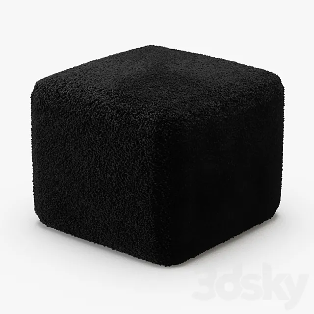 Black Curly Sheepskin Square Pouf 3D Model