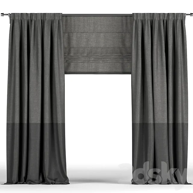 Black curtains in two shades + black Roman blinds. 3D Model