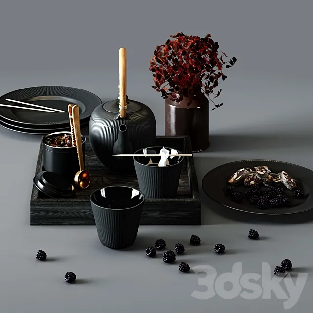 BLACK FLUTED set - thermal teapot. plates and cups 3DModel