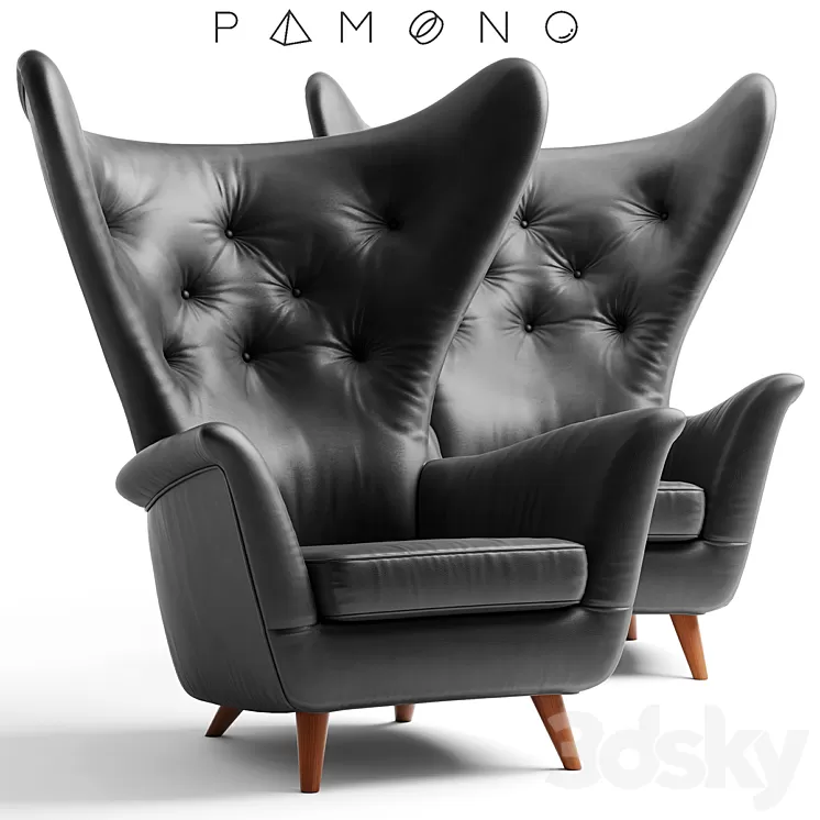 Black Leather Wing Lounge Chair 1950s 3D Model