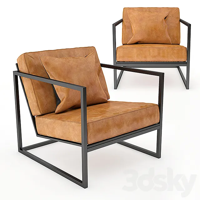 Black Metal Frame and Tan Leather Armchair 3D Model