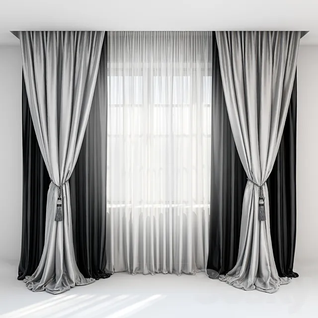 Black satin curtains with pick-up brush. gray curtains in the floor and tulle 3DModel