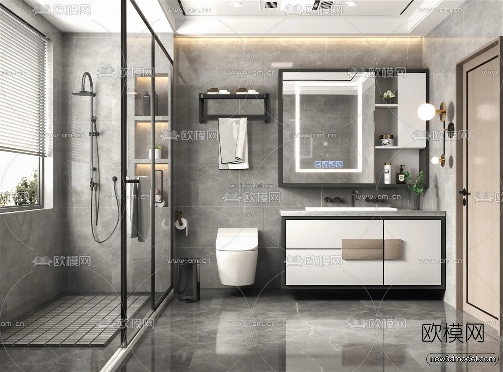 Black - White - Gray Colors Interior 3D Blocks - Bathroom 3D Scene - 248