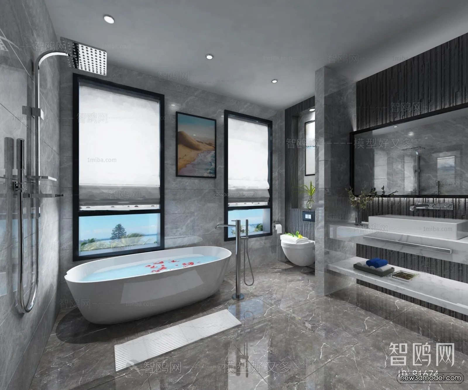 Black - White - Gray Colors Interior 3D Blocks - Bathroom 3D Scene - 249