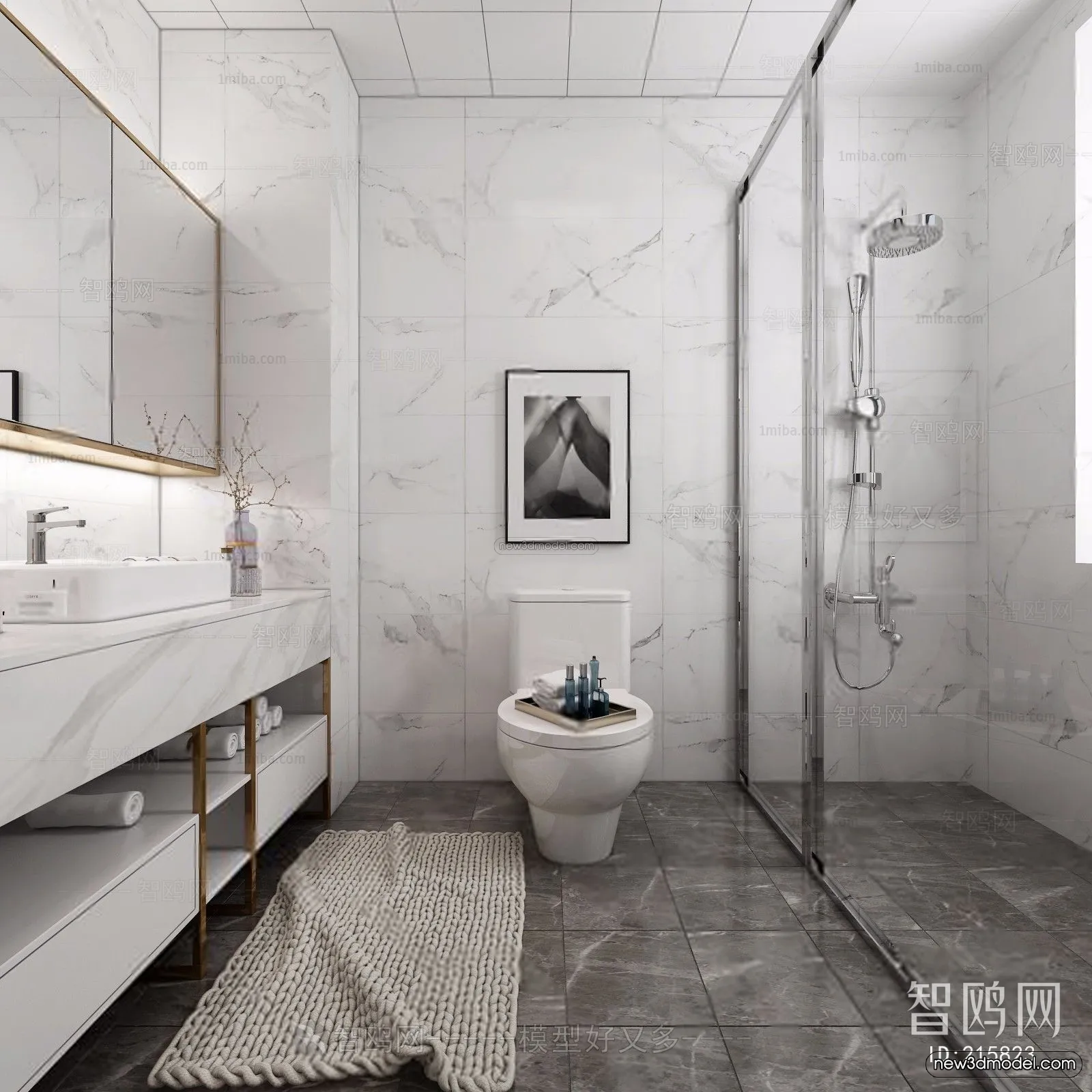 Black - White - Gray Colors Interior 3D Blocks - Bathroom 3D Scene - 251