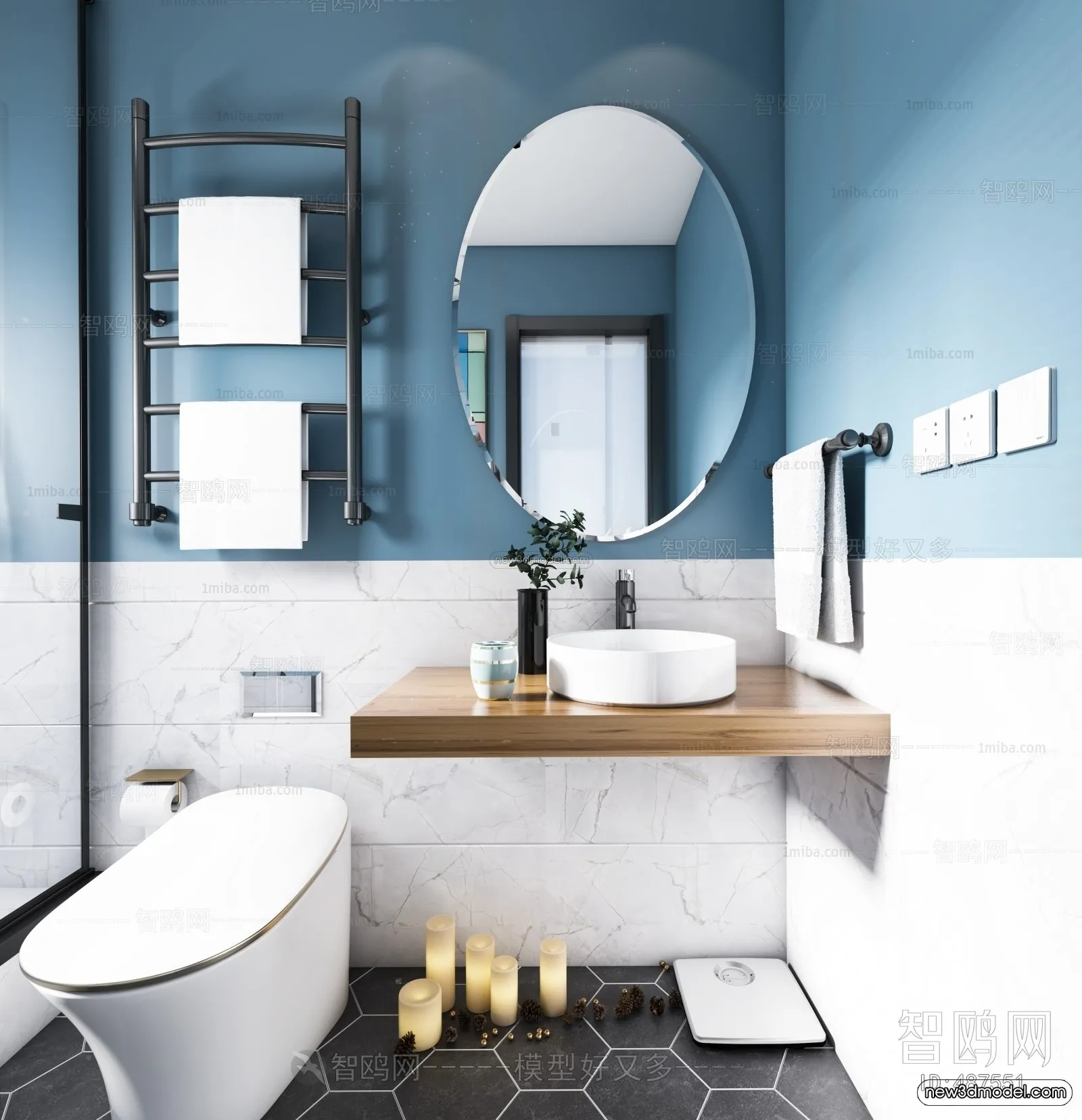 Black - White - Gray Colors Interior 3D Blocks - Bathroom 3D Scene - 254
