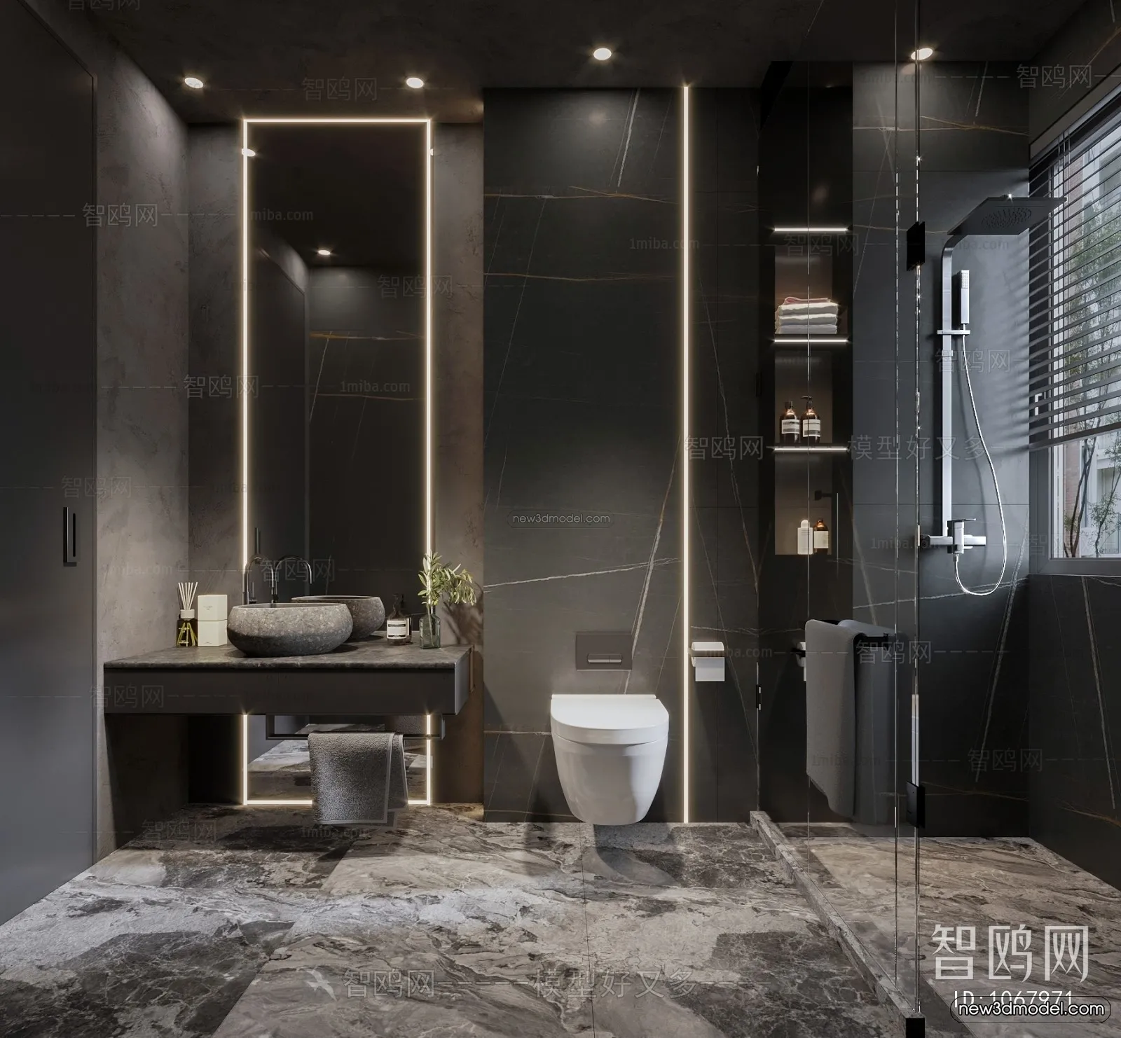 Black - White - Gray Colors Interior 3D Blocks - Bathroom 3D Scene - 256