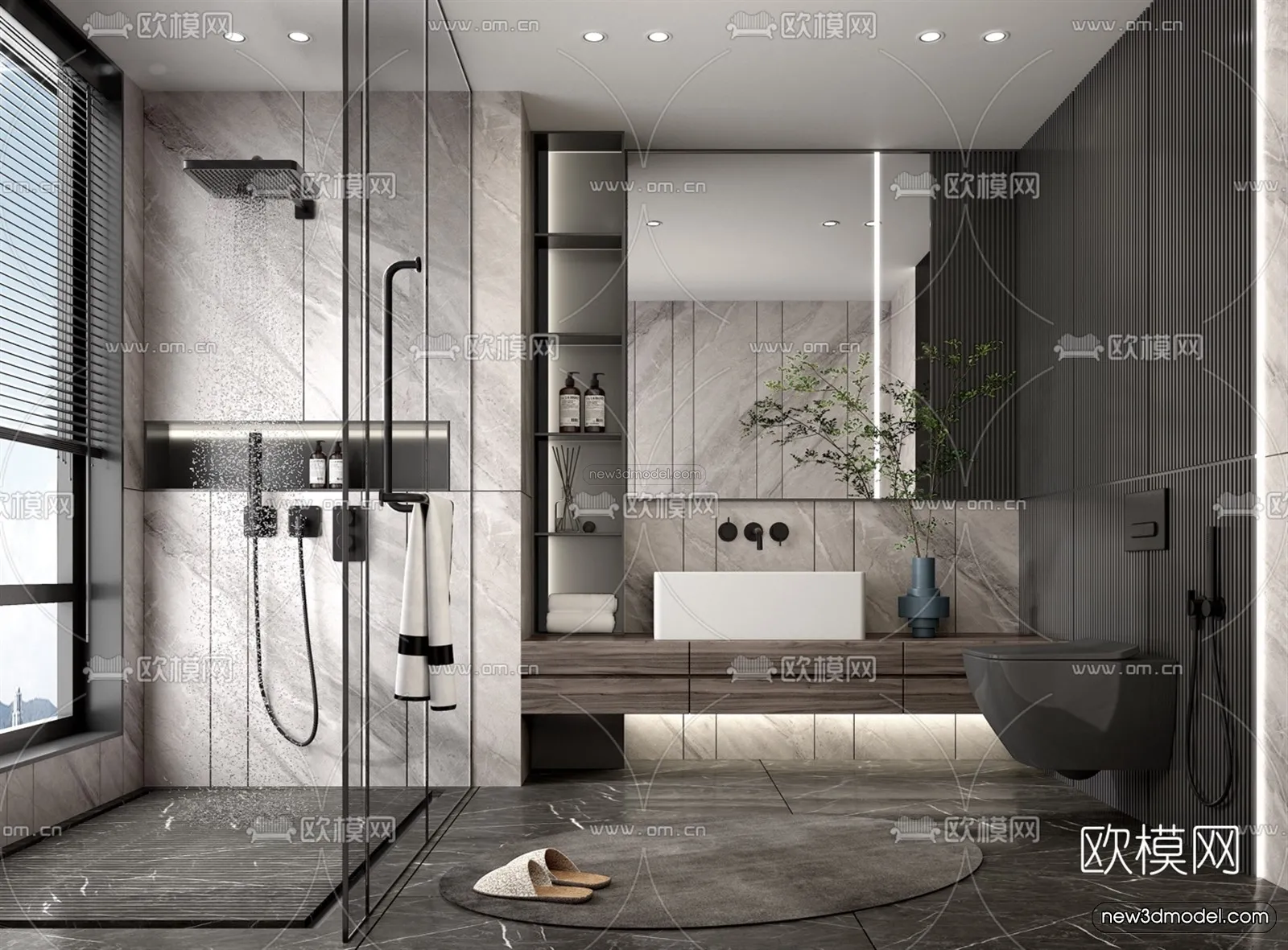 Black - White - Gray Colors Interior 3D Blocks - Bathroom 3D Scene - 262