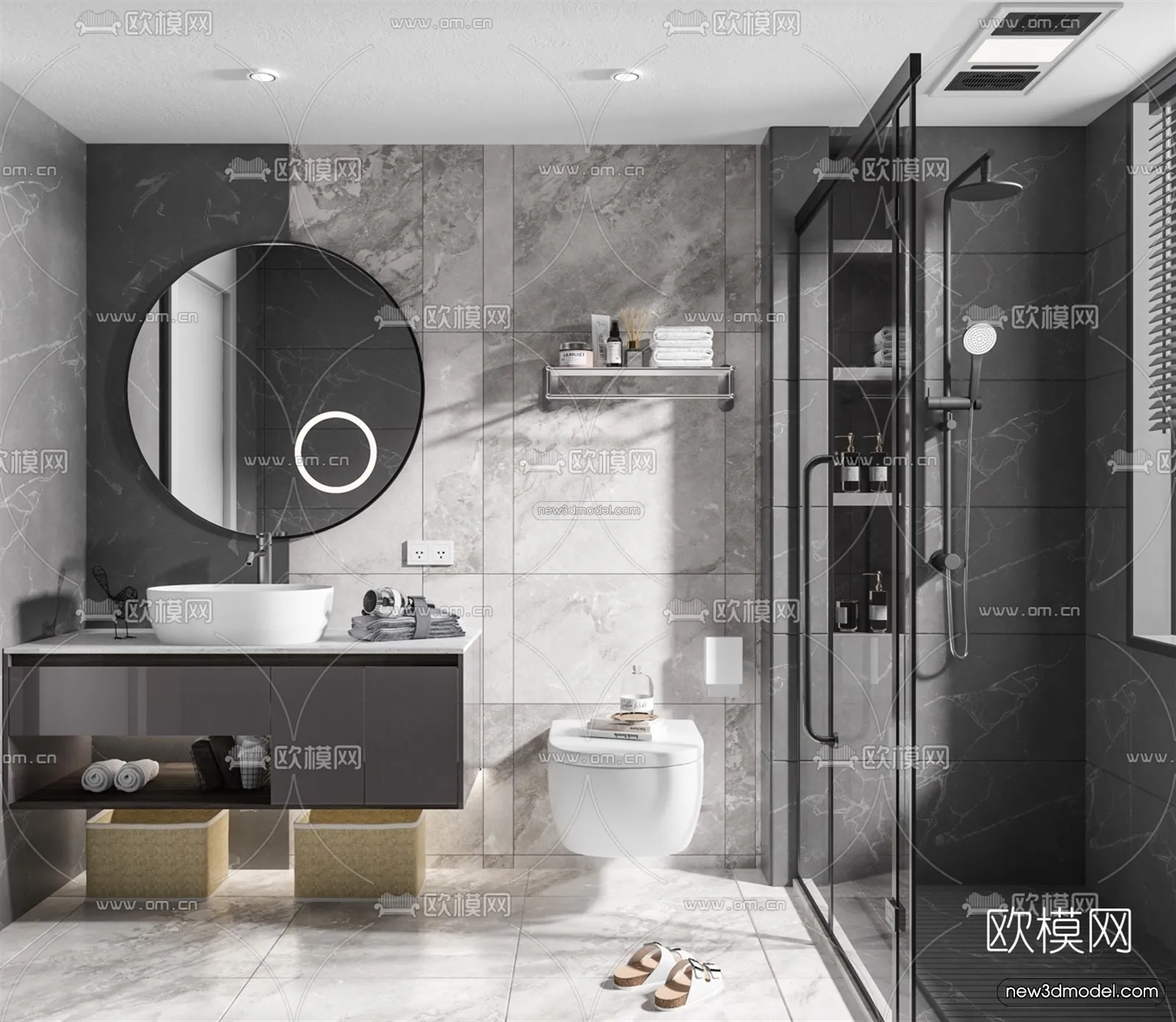 Black - White - Gray Colors Interior 3D Blocks - Bathroom 3D Scene - 265