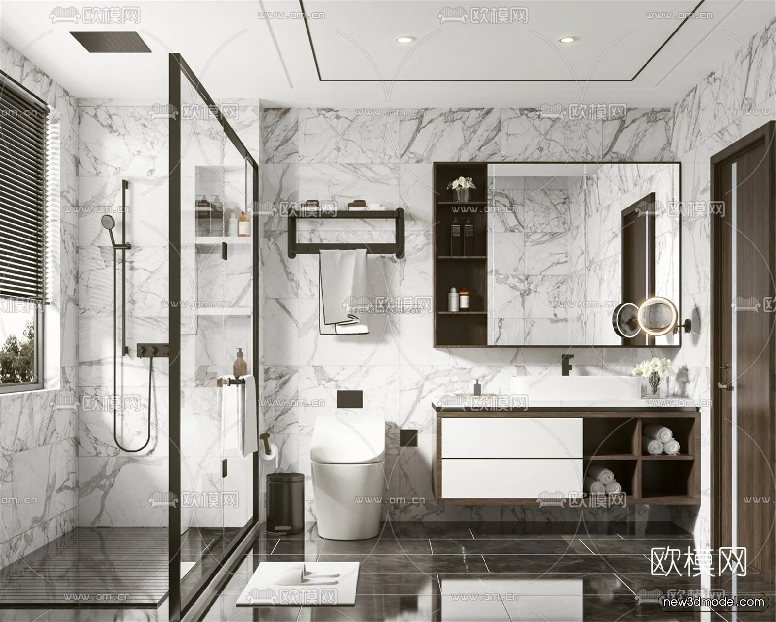 Black - White - Gray Colors Interior 3D Blocks - Bathroom 3D Scene - 267