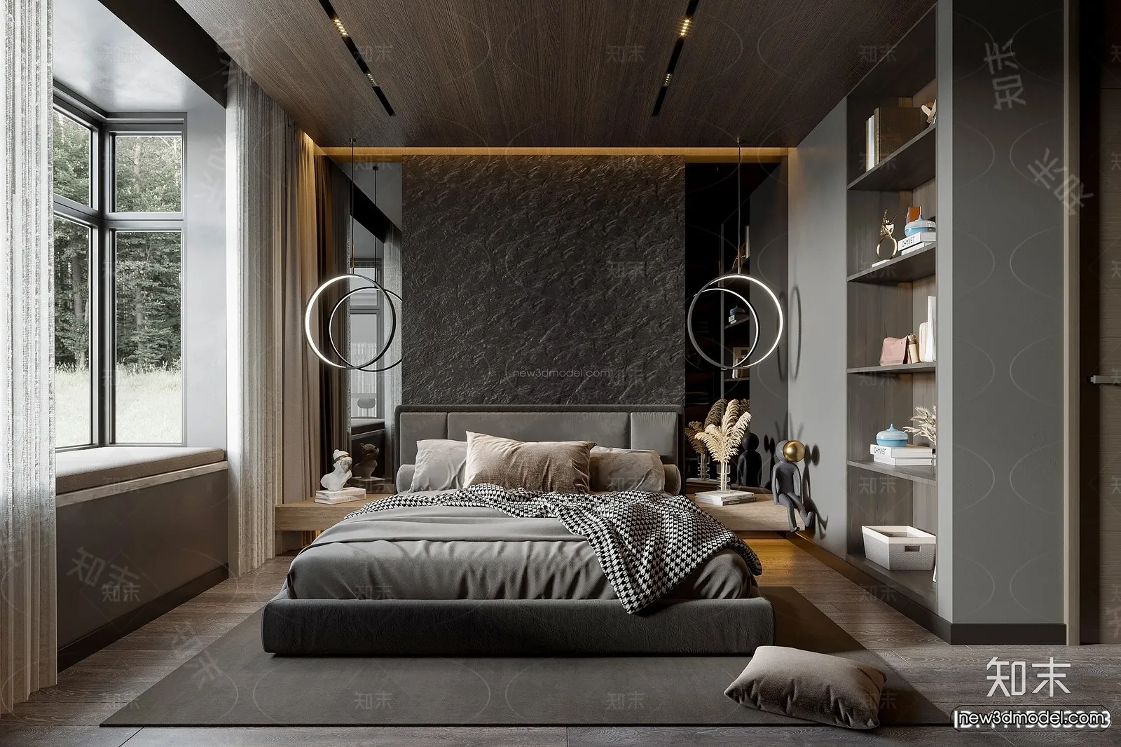 Black - White - Gray Colors Interior 3D Blocks - Bedroom 3D Scene - 143