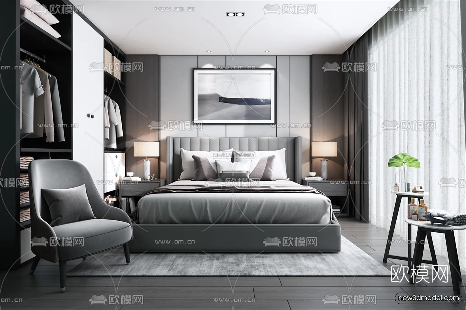 Black - White - Gray Colors Interior 3D Blocks - Bedroom 3D Scene - 144