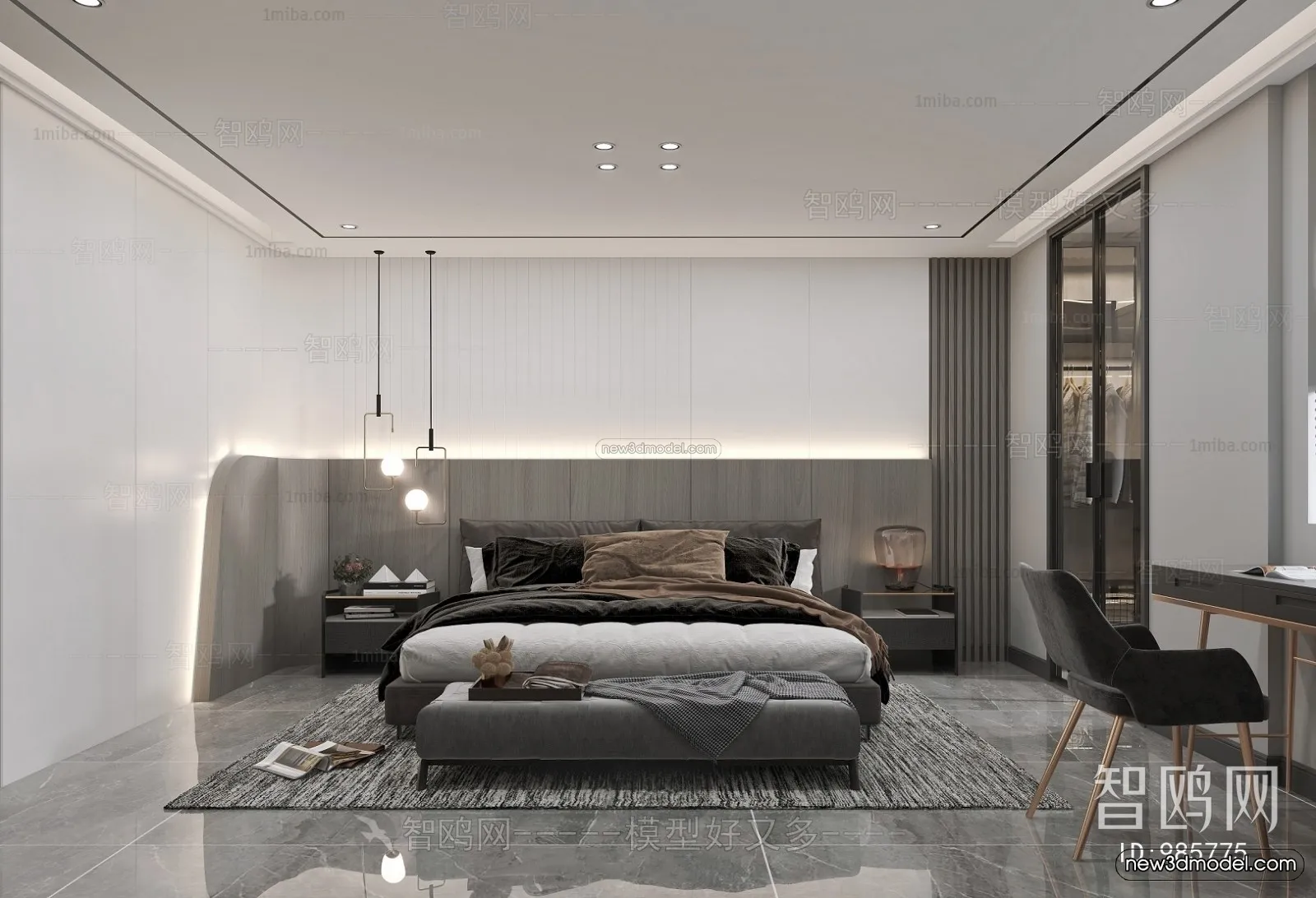 Black - White - Gray Colors Interior 3D Blocks - Bedroom 3D Scene - 146