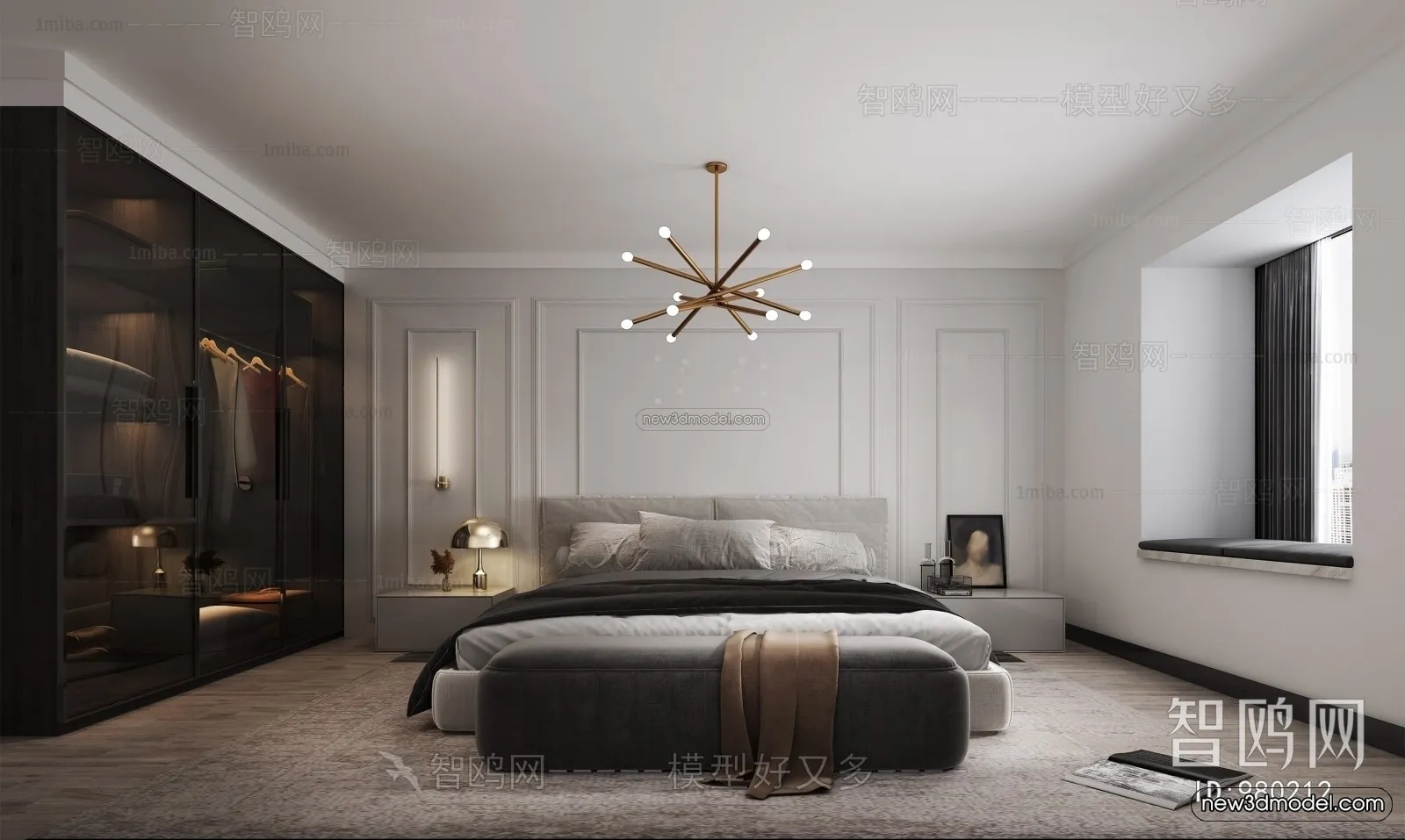 Black - White - Gray Colors Interior 3D Blocks - Bedroom 3D Scene - 147