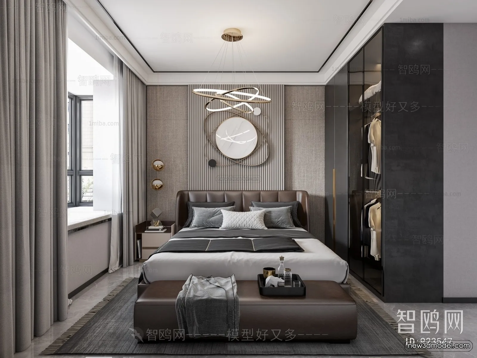 Black - White - Gray Colors Interior 3D Blocks - Bedroom 3D Scene - 148