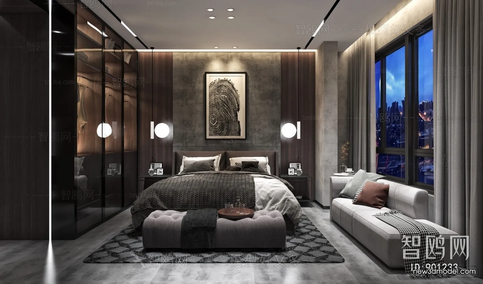 Black - White - Gray Colors Interior 3D Blocks - Bedroom 3D Scene - 149