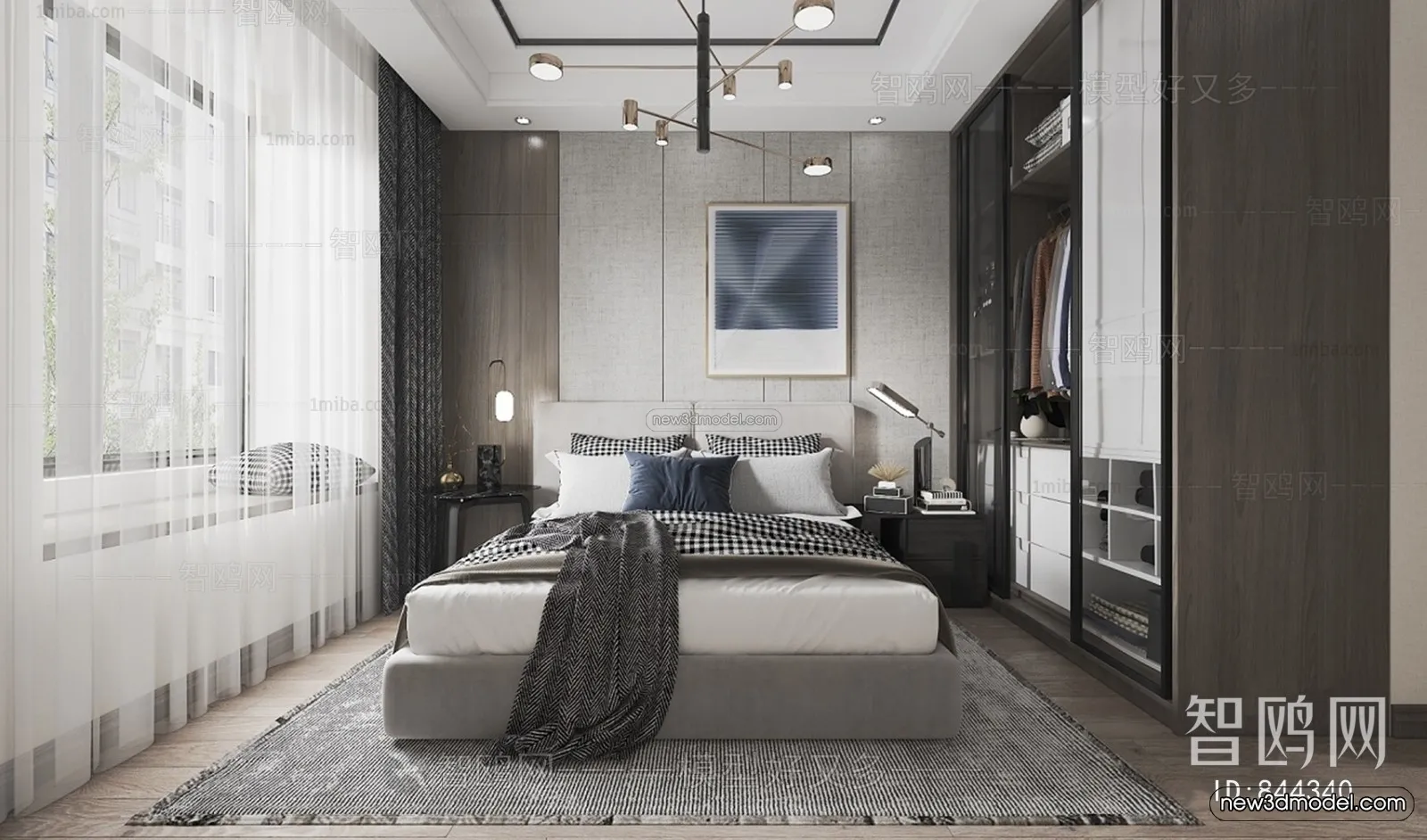 Black - White - Gray Colors Interior 3D Blocks - Bedroom 3D Scene - 150