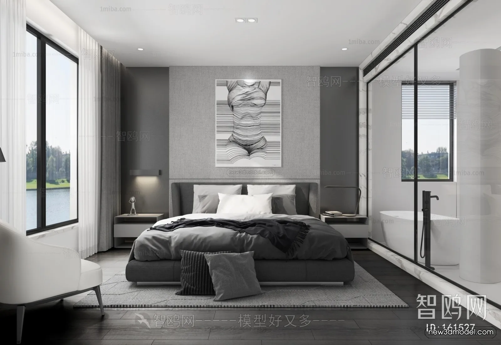 Black - White - Gray Colors Interior 3D Blocks - Bedroom 3D Scene - 153