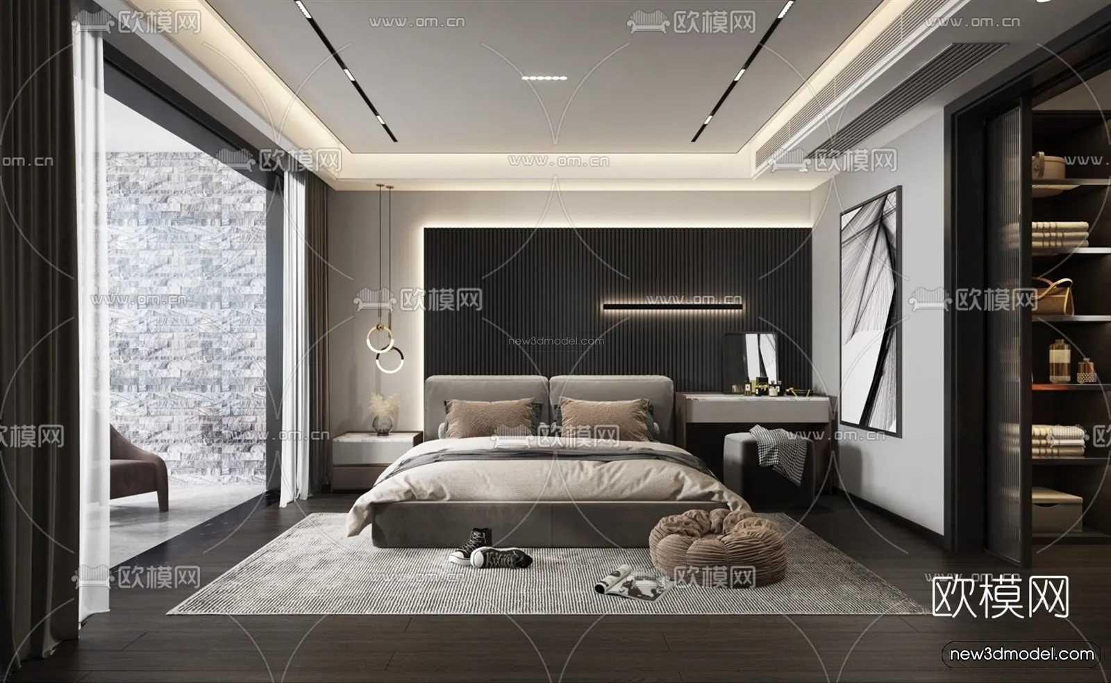 Black - White - Gray Colors Interior 3D Blocks - Bedroom 3D Scene - 155