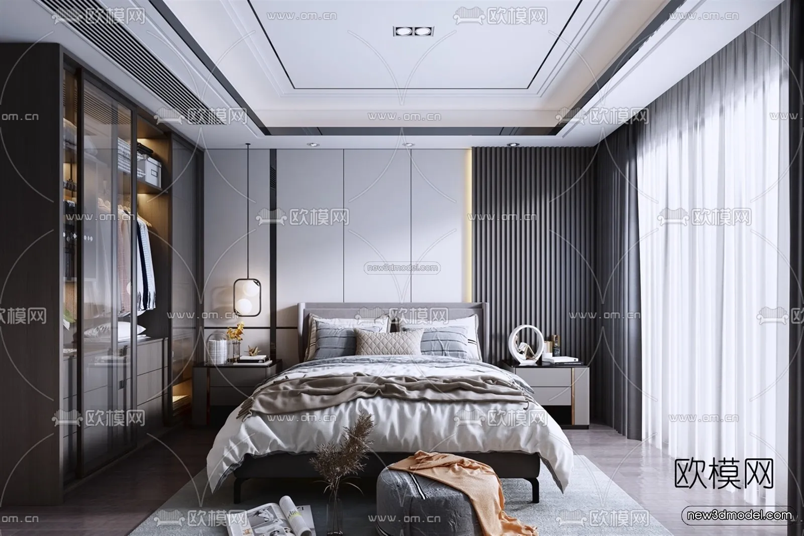 Black - White - Gray Colors Interior 3D Blocks - Bedroom 3D Scene - 156