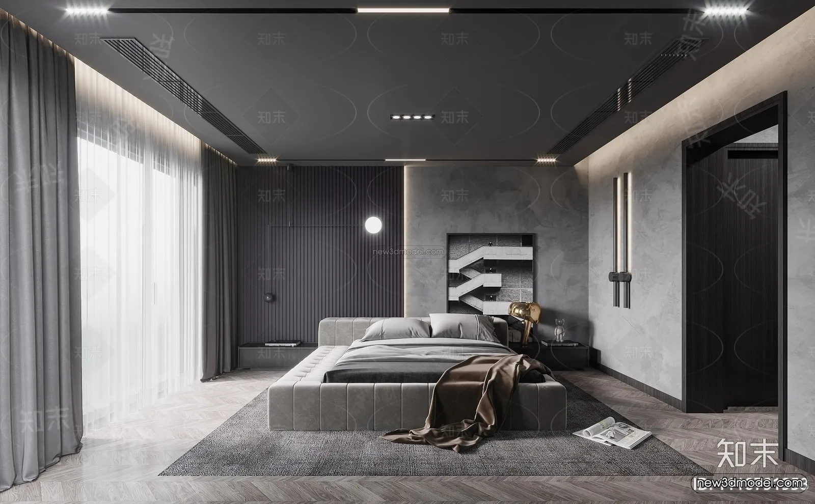 Black - White - Gray Colors Interior 3D Blocks - Bedroom 3D Scene - 158