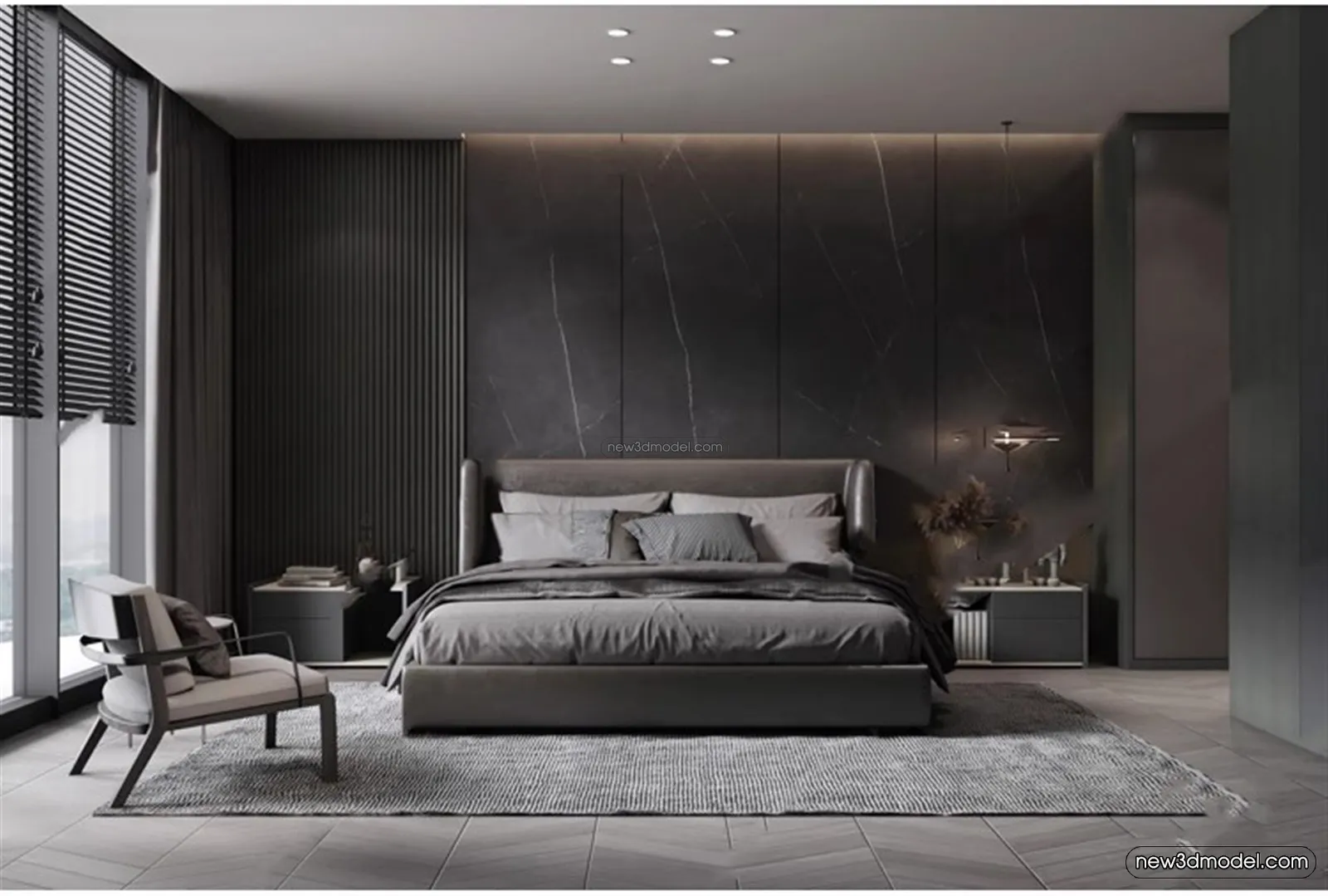 Black - White - Gray Colors Interior 3D Blocks - Bedroom 3D Scene - 159
