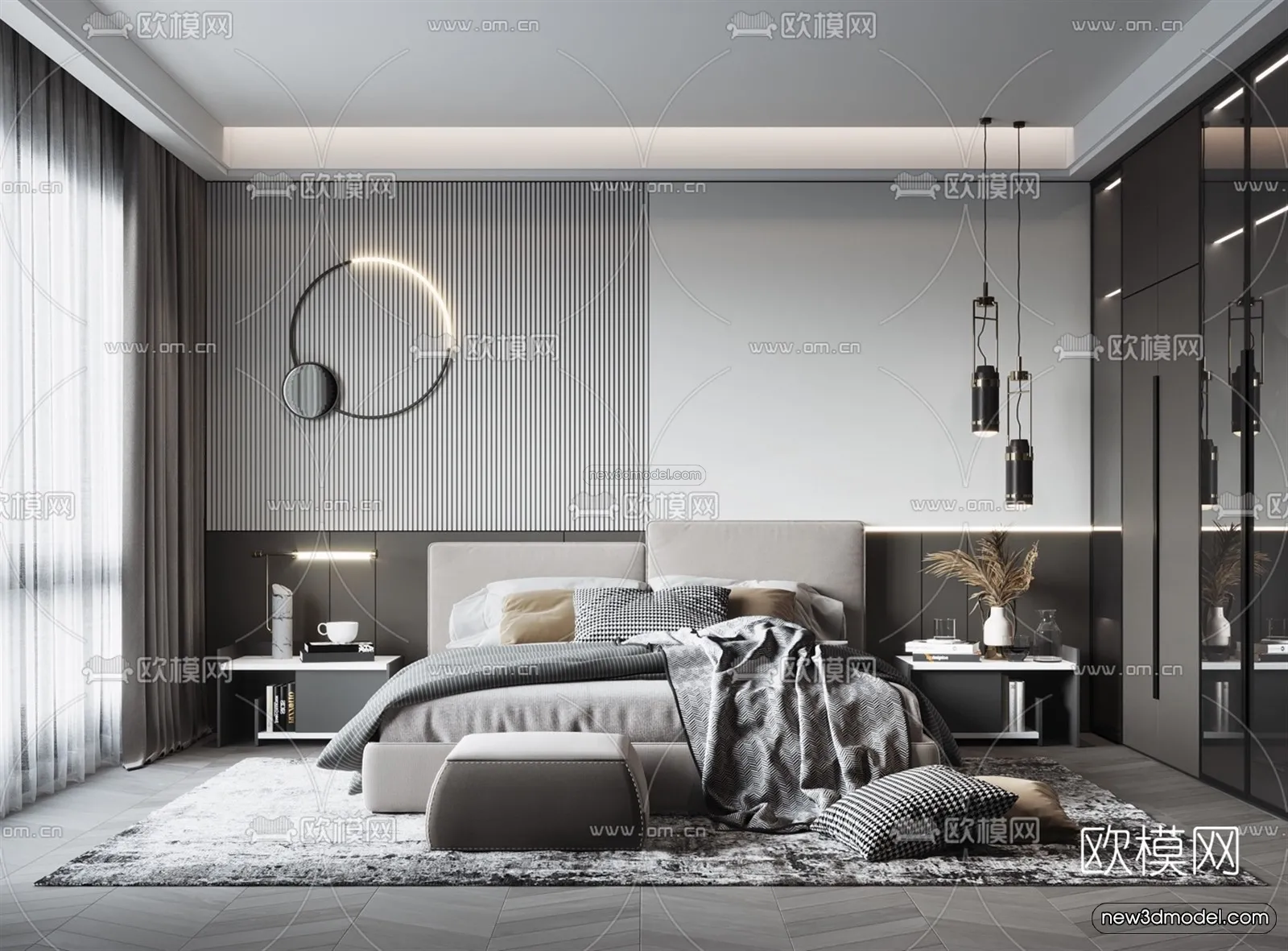 Black - White - Gray Colors Interior 3D Blocks - Bedroom 3D Scene - 161
