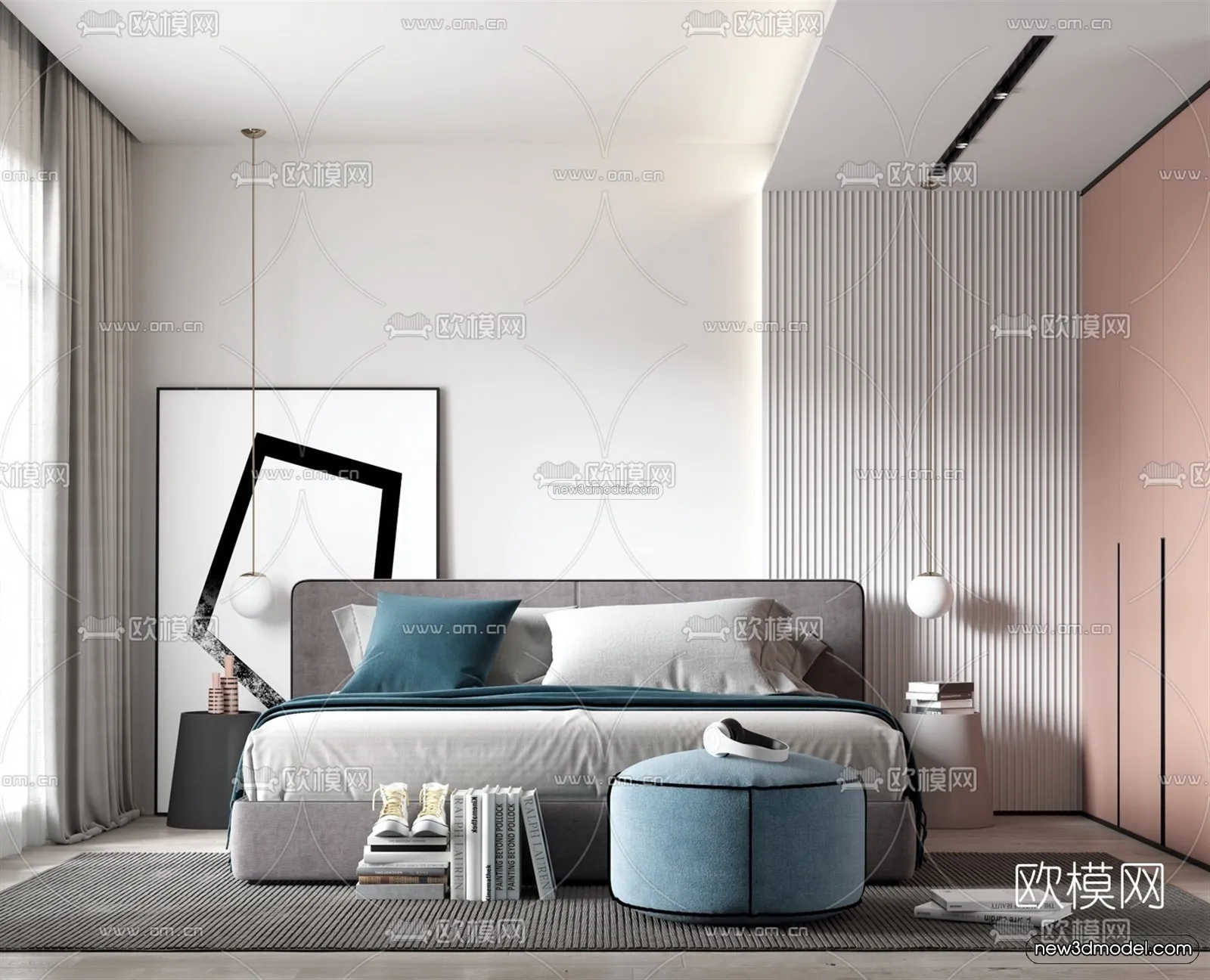 Black - White - Gray Colors Interior 3D Blocks - Bedroom 3D Scene - 163