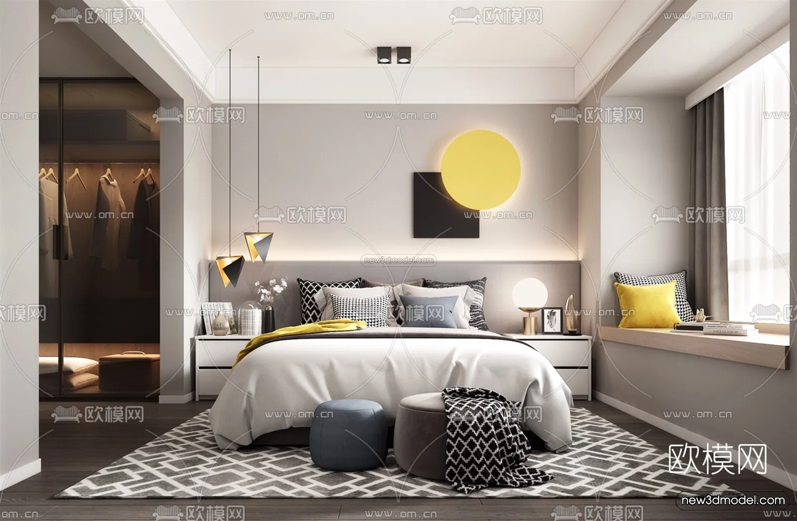 Black - White - Gray Colors Interior 3D Blocks - Bedroom 3D Scene - 164