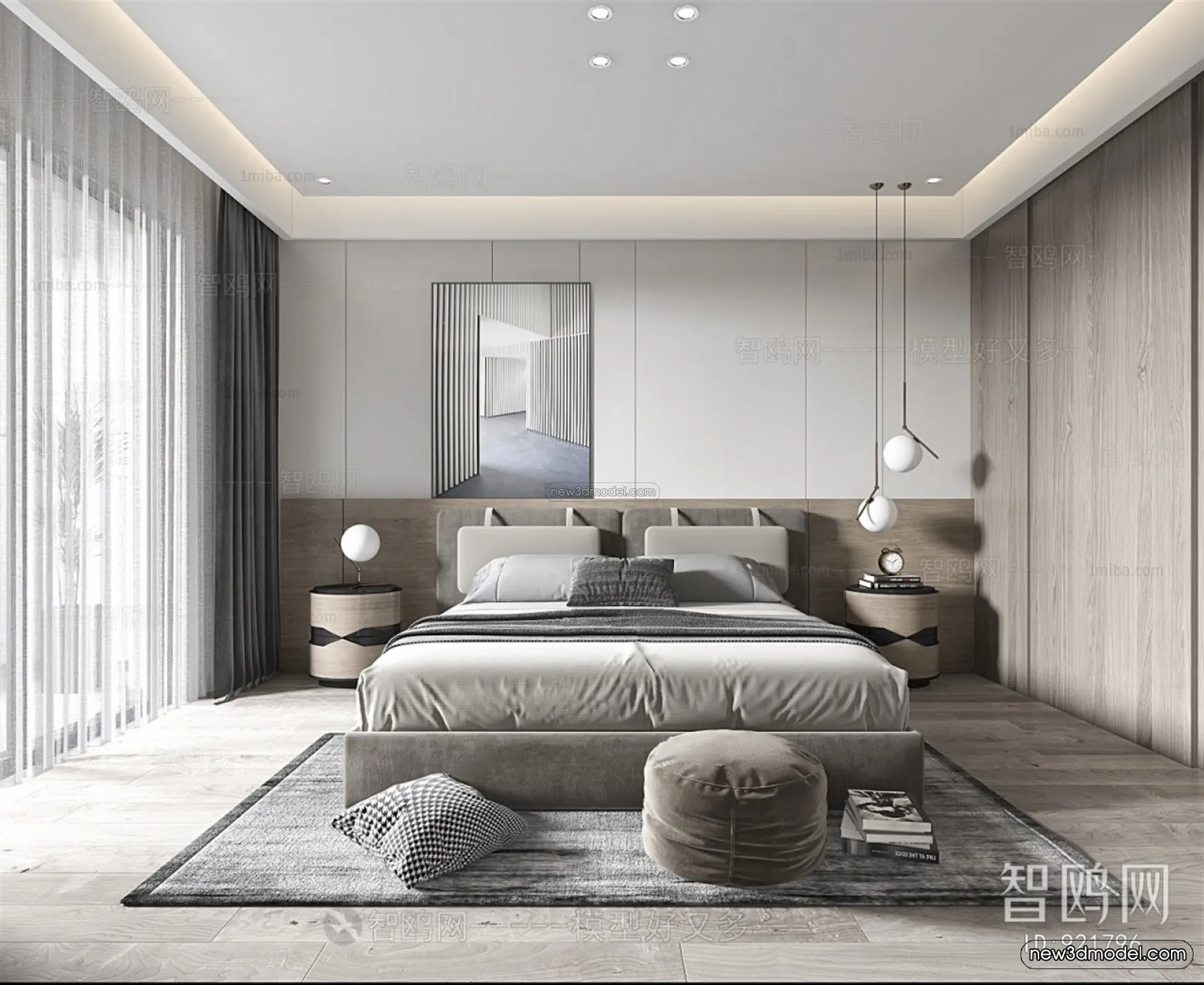Black - White - Gray Colors Interior 3D Blocks - Bedroom 3D Scene - 165