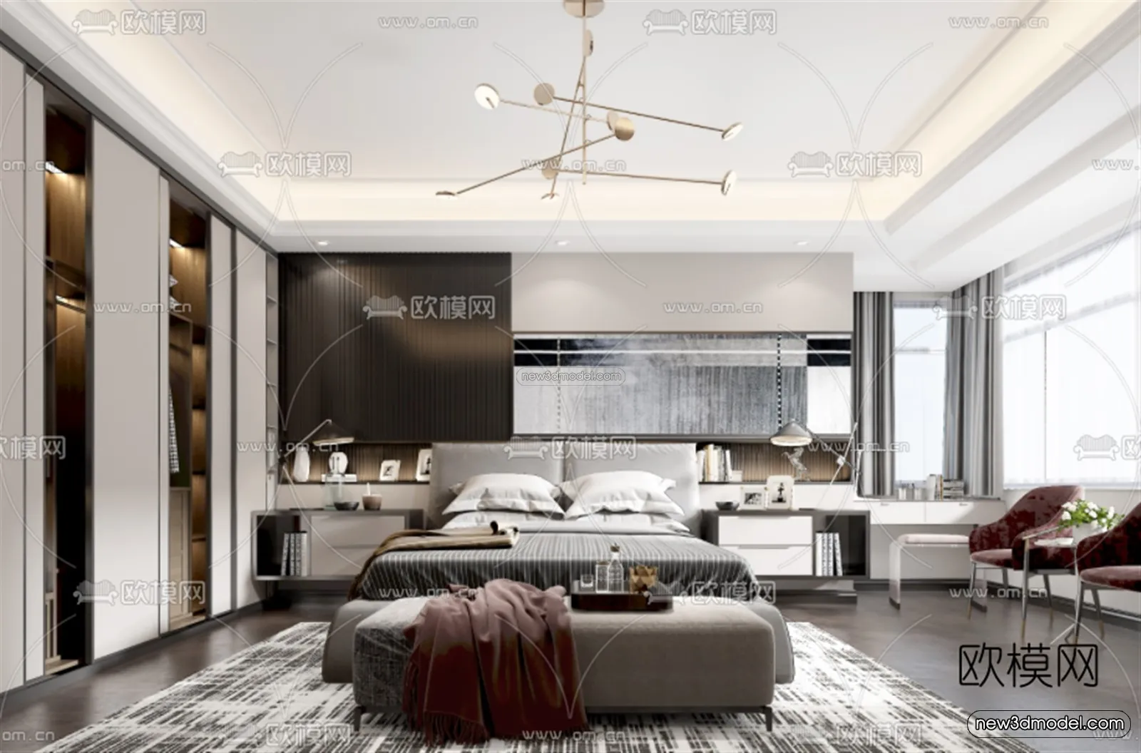 Black - White - Gray Colors Interior 3D Blocks - Bedroom 3D Scene - 167