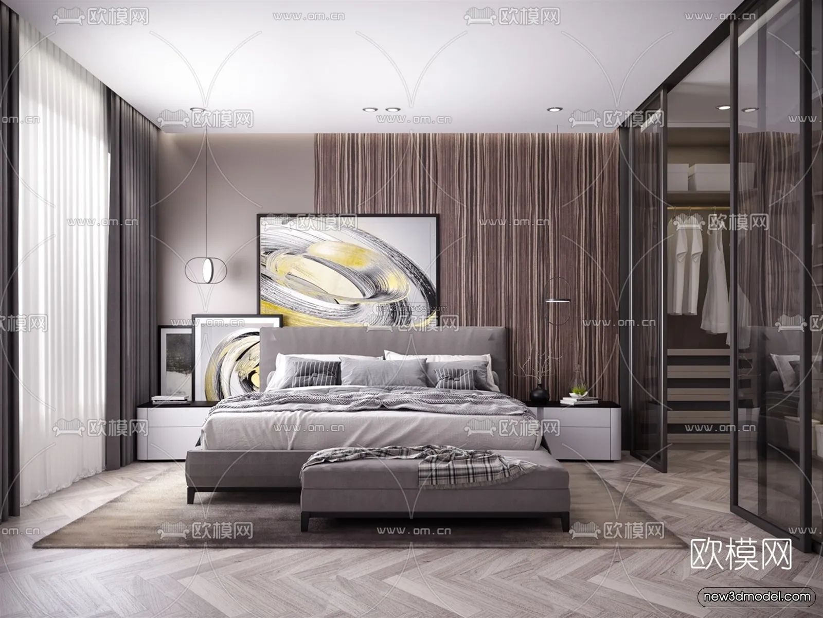 Black - White - Gray Colors Interior 3D Blocks - Bedroom 3D Scene - 168