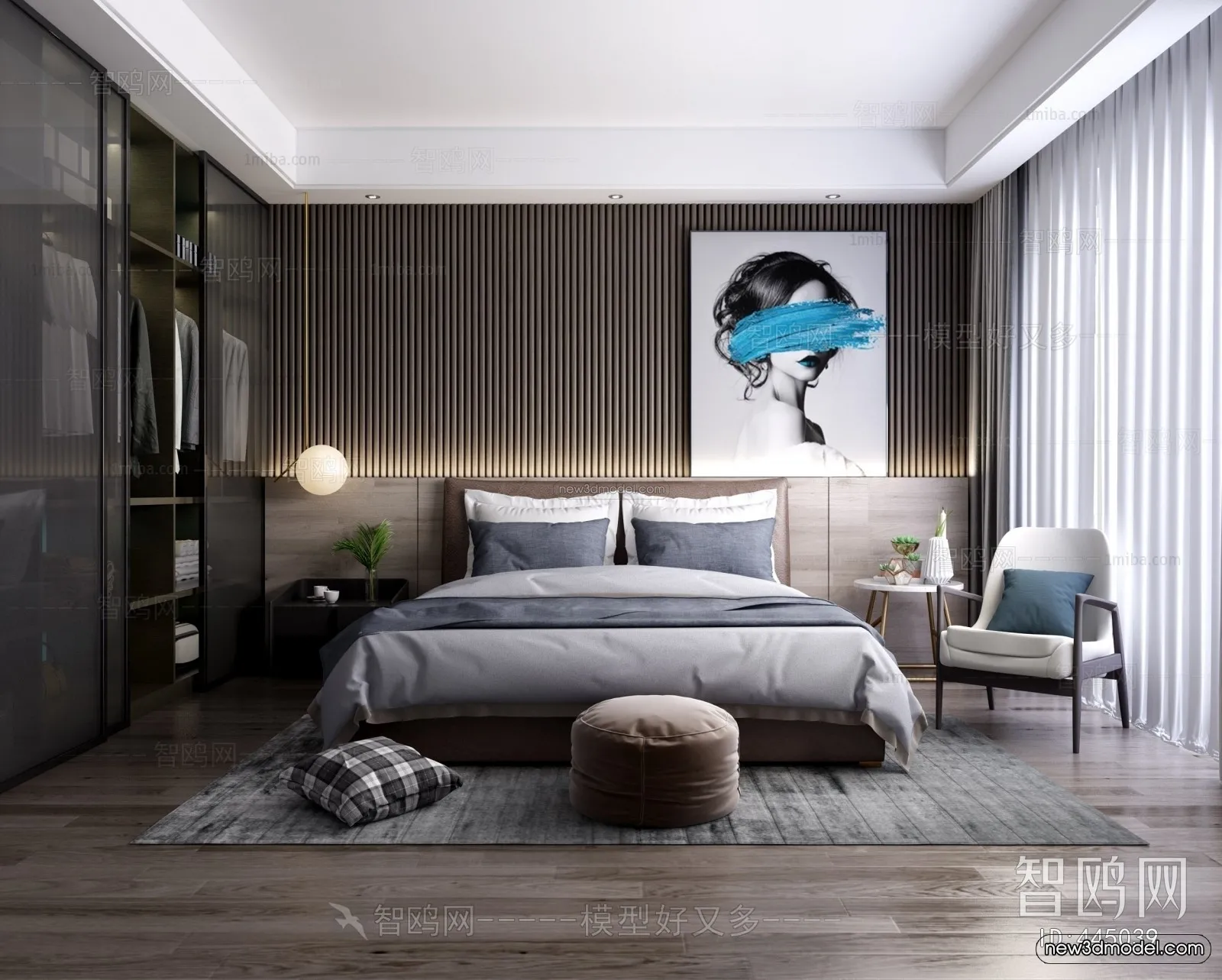 Black - White - Gray Colors Interior 3D Blocks - Bedroom 3D Scene - 169
