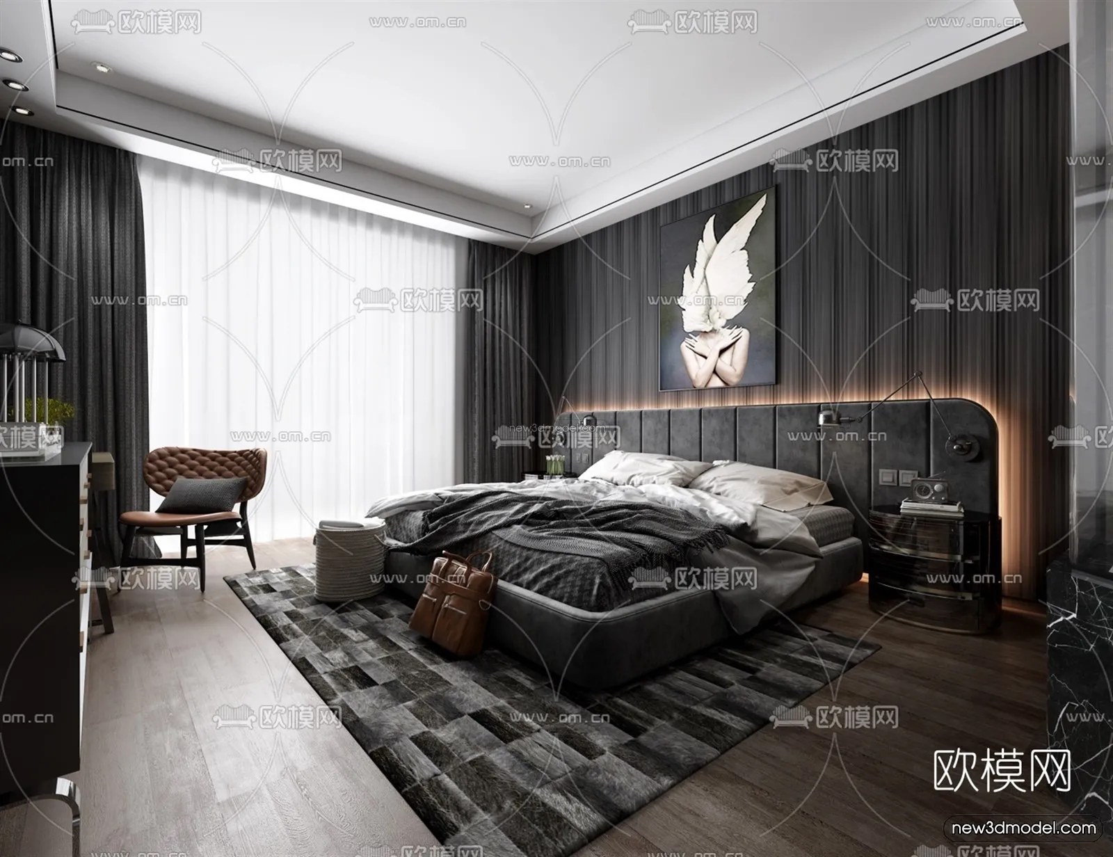Black - White - Gray Colors Interior 3D Blocks - Bedroom 3D Scene - 171