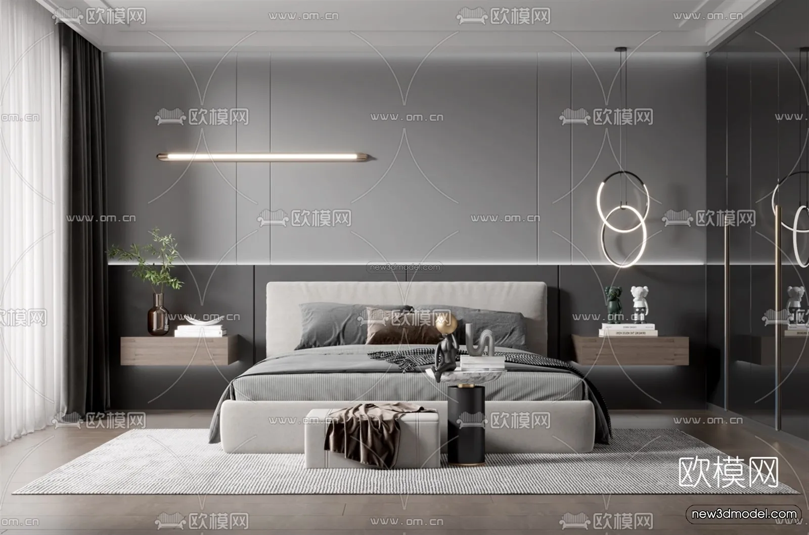 Black - White - Gray Colors Interior 3D Blocks - Bedroom 3D Scene - 173
