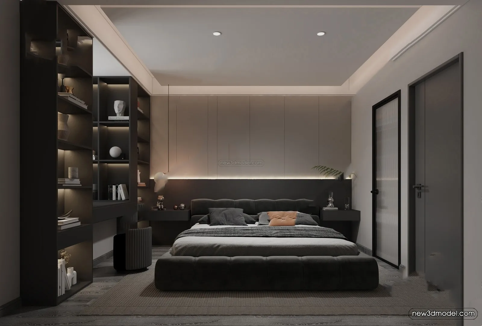 Black - White - Gray Colors Interior 3D Blocks - Bedroom 3D Scene - 180