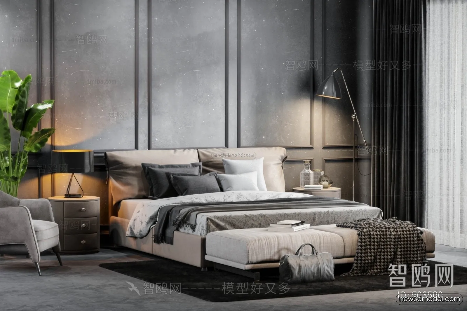 Black - White - Gray Colors Interior 3D Blocks - Bedroom 3D Scene - 184