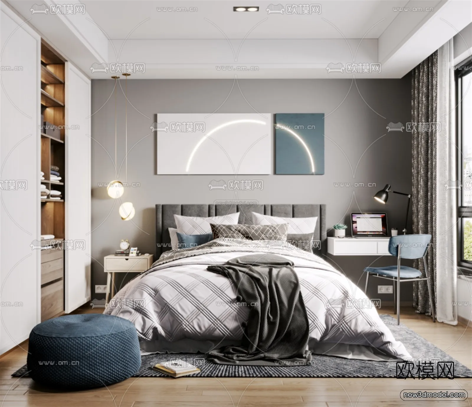 Black - White - Gray Colors Interior 3D Blocks - Bedroom 3D Scene - 186