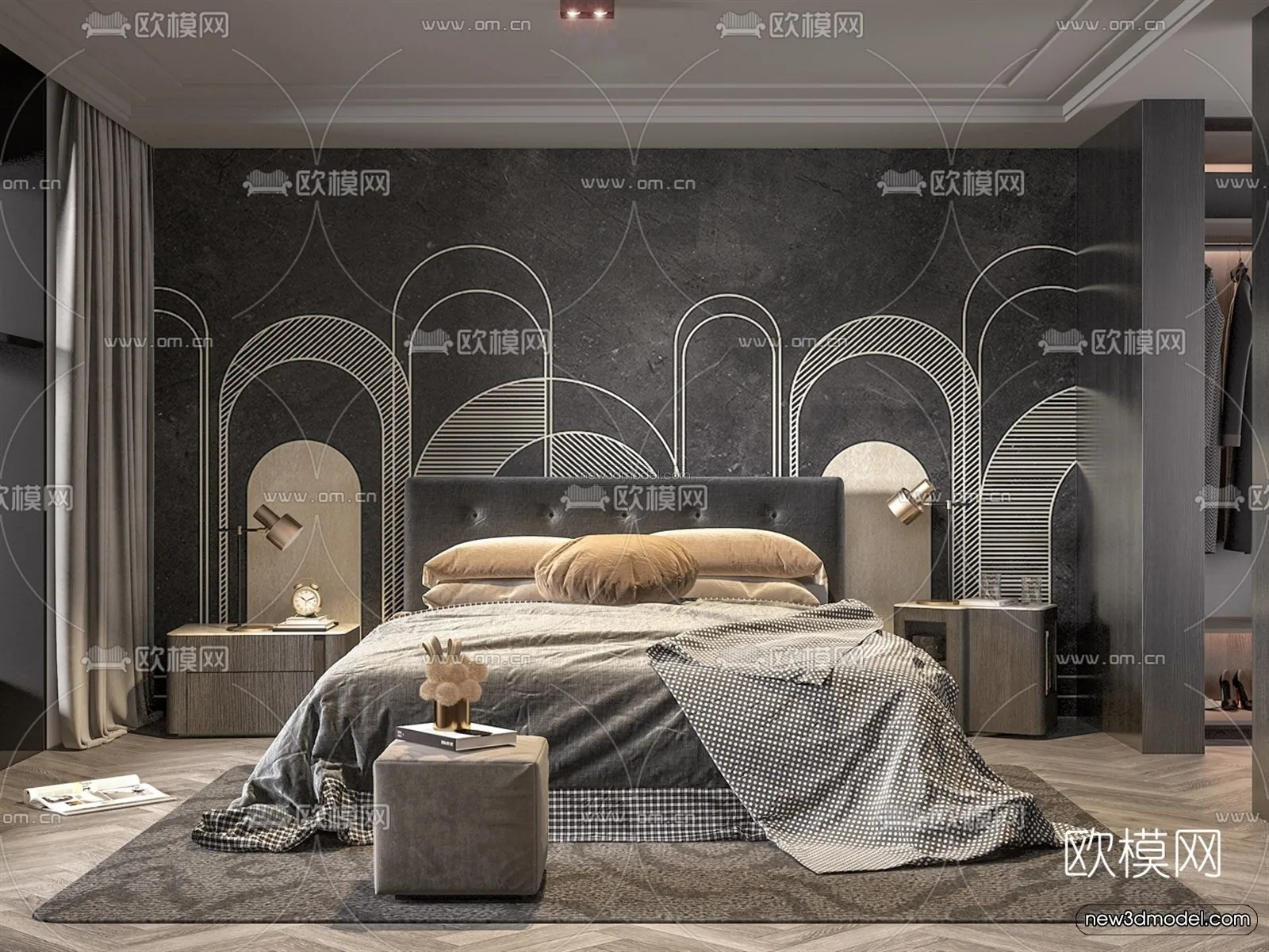 Black - White - Gray Colors Interior 3D Blocks - Bedroom 3D Scene - 187