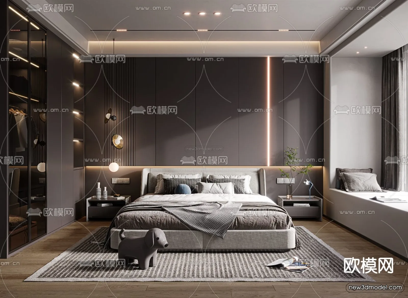 Black - White - Gray Colors Interior 3D Blocks - Bedroom 3D Scene - 188