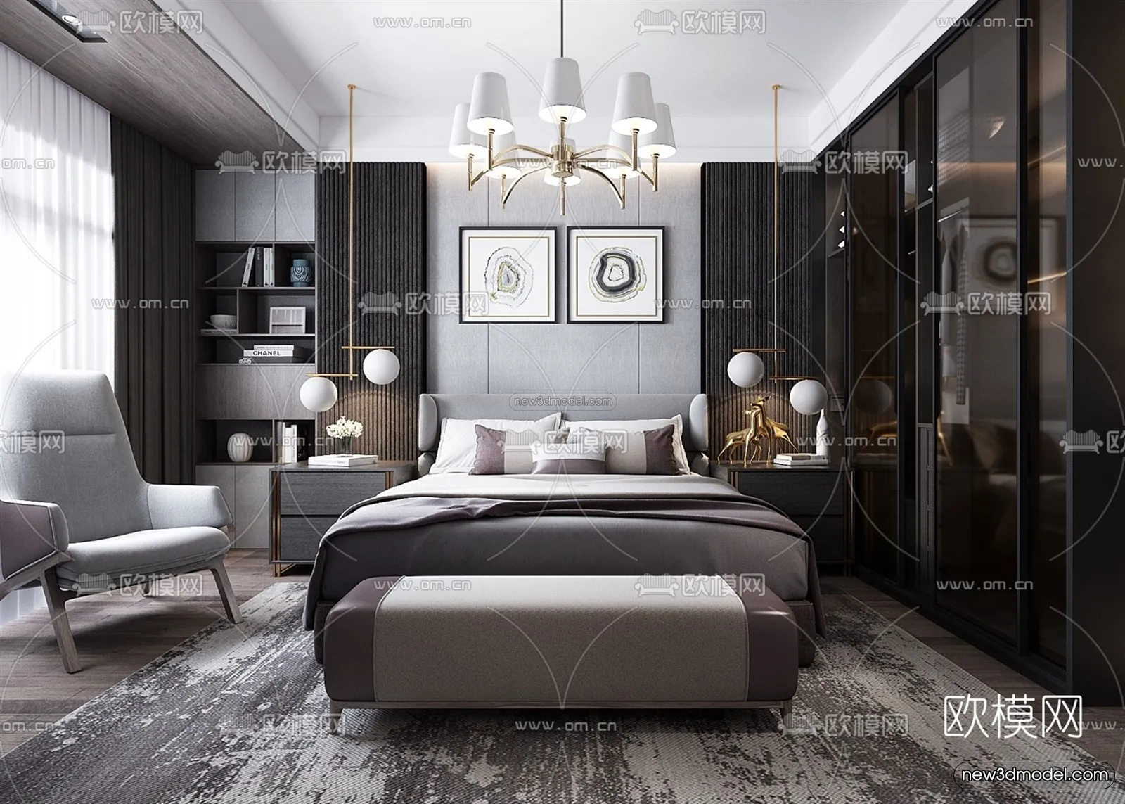 Black - White - Gray Colors Interior 3D Blocks - Bedroom 3D Scene - 189