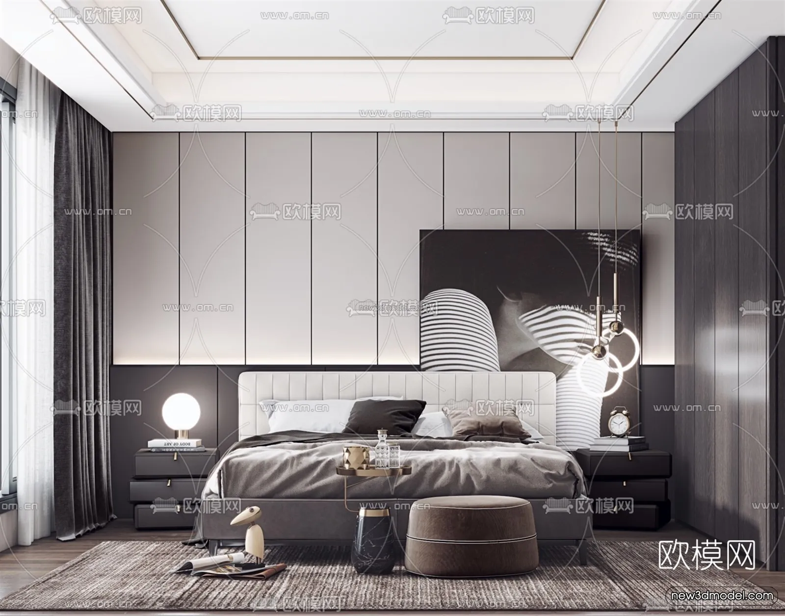 Black - White - Gray Colors Interior 3D Blocks - Bedroom 3D Scene - 190