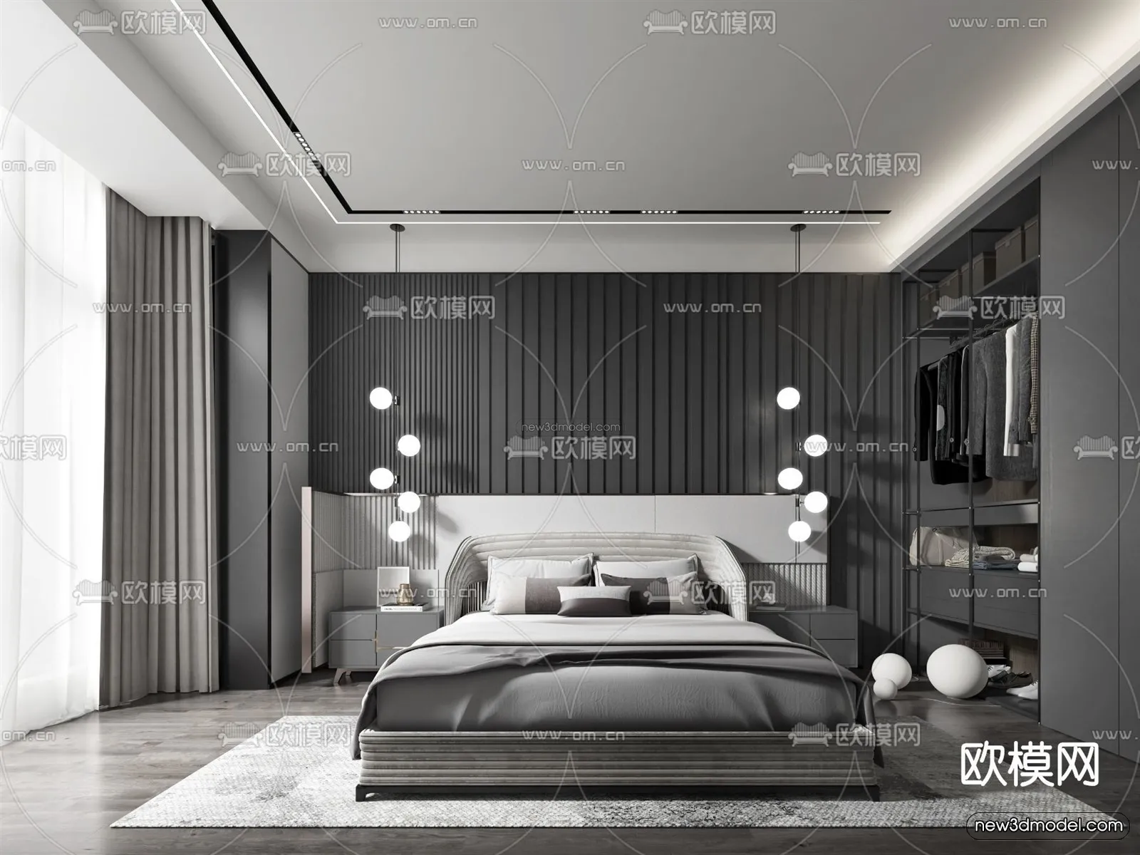 Black - White - Gray Colors Interior 3D Blocks - Bedroom 3D Scene - 191