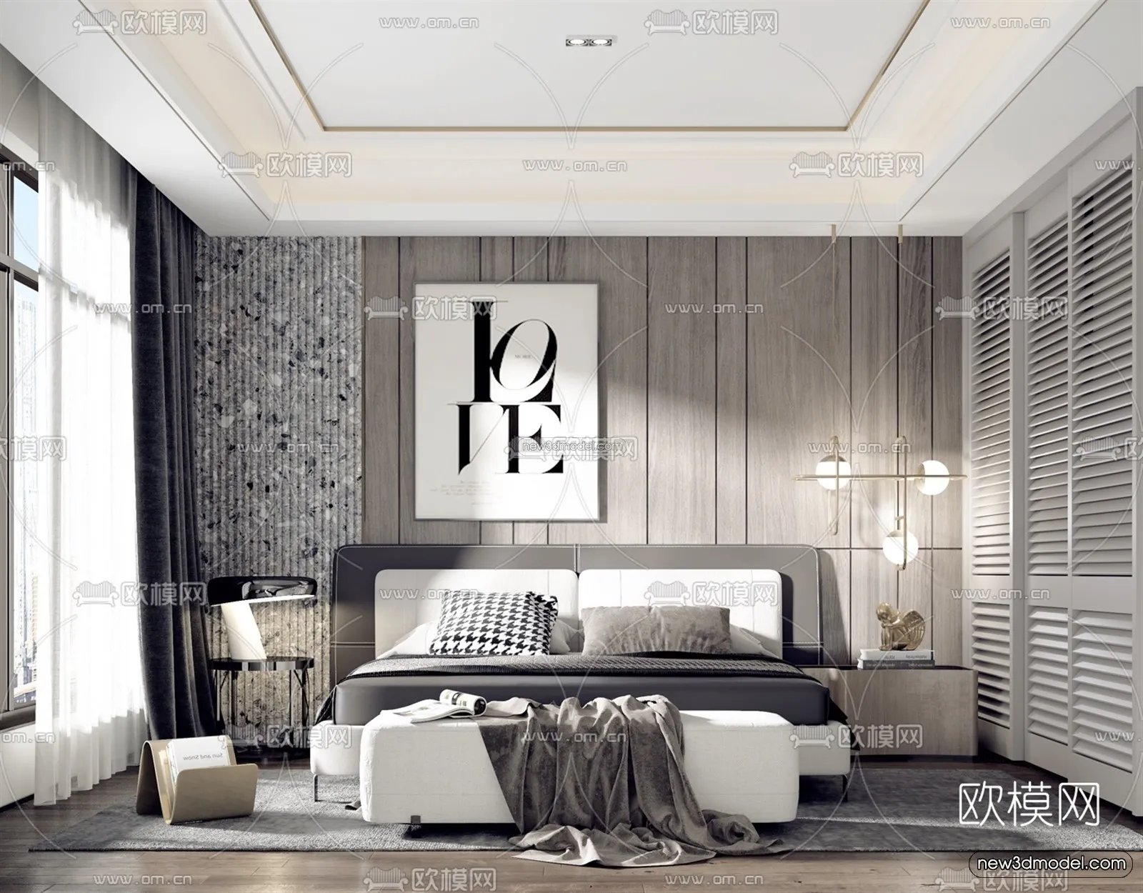 Black - White - Gray Colors Interior 3D Blocks - Bedroom 3D Scene - 192