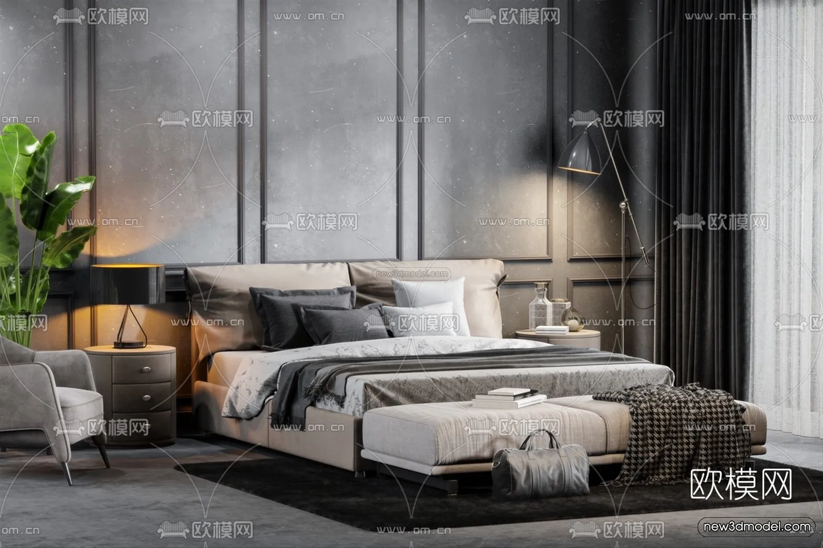 Black - White - Gray Colors Interior 3D Blocks - Bedroom 3D Scene - 193
