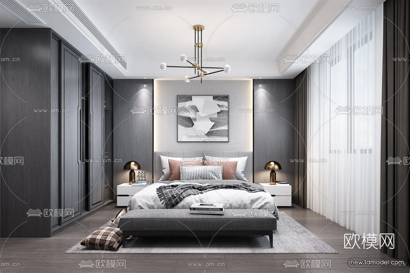 Black - White - Gray Colors Interior 3D Blocks - Bedroom 3D Scene - 194