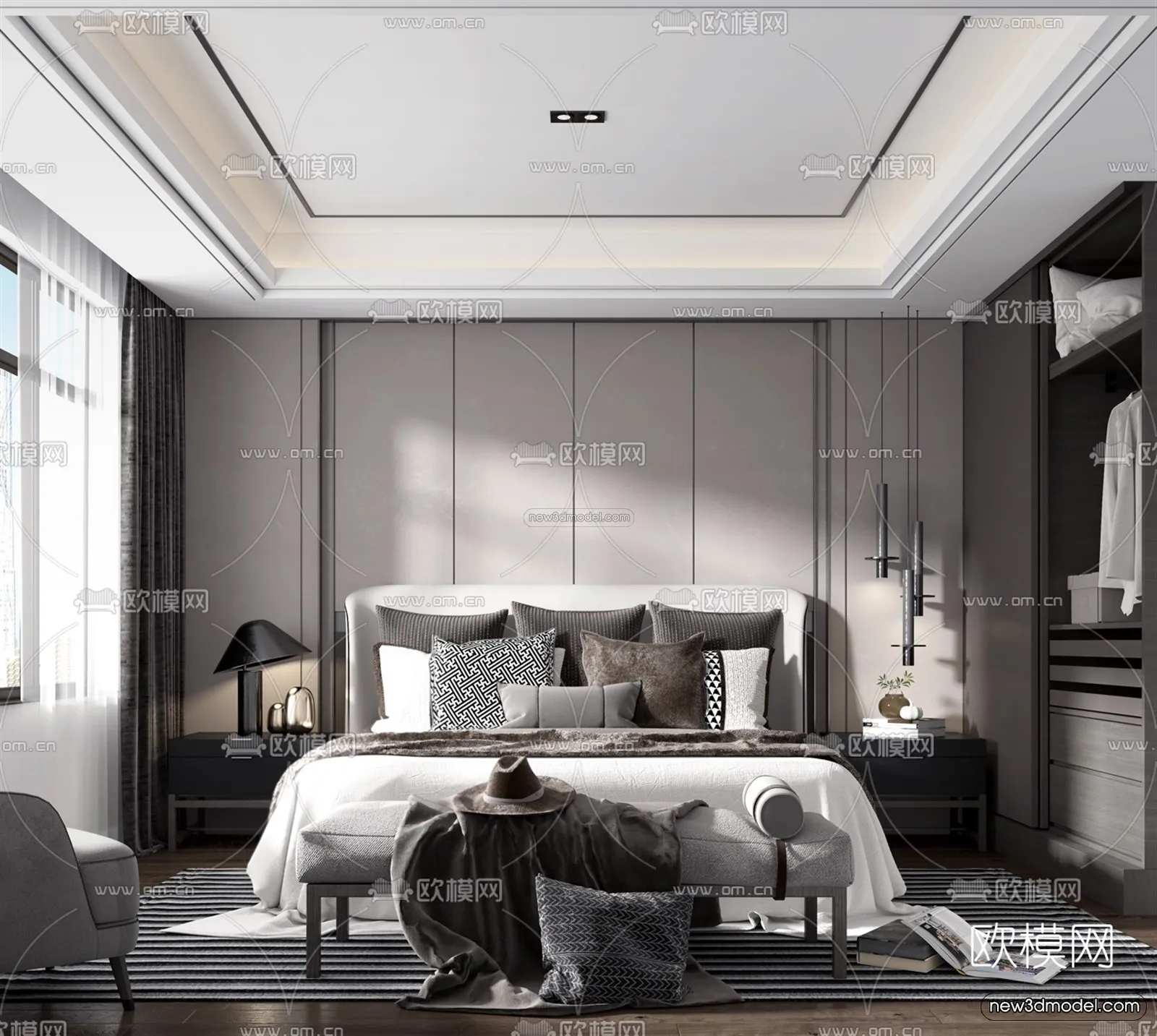 Black - White - Gray Colors Interior 3D Blocks - Bedroom 3D Scene - 196