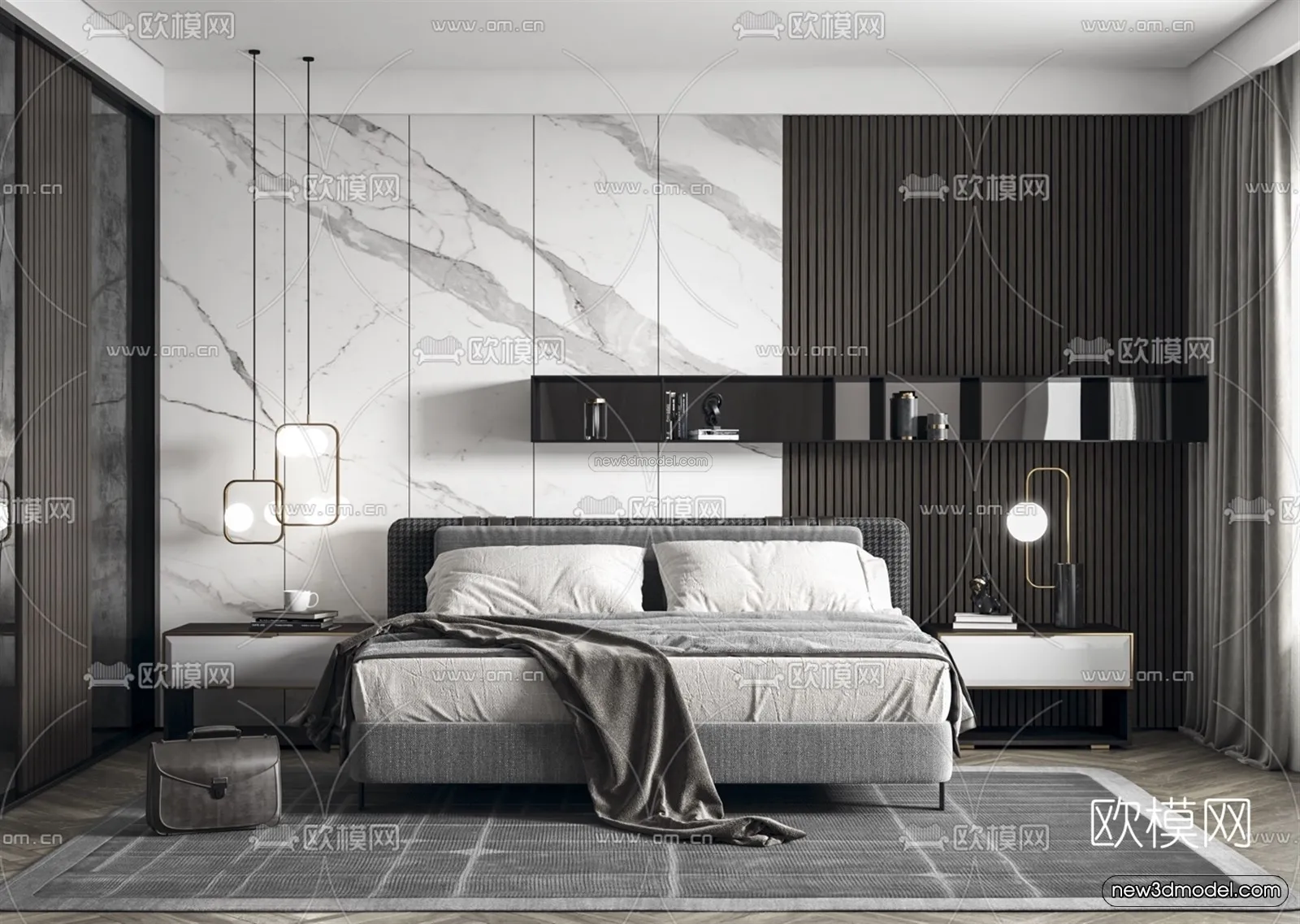 Black - White - Gray Colors Interior 3D Blocks - Bedroom 3D Scene - 197