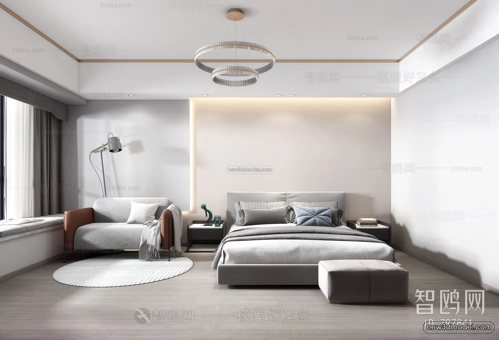Black - White - Gray Colors Interior 3D Blocks - Bedroom 3D Scene - 198